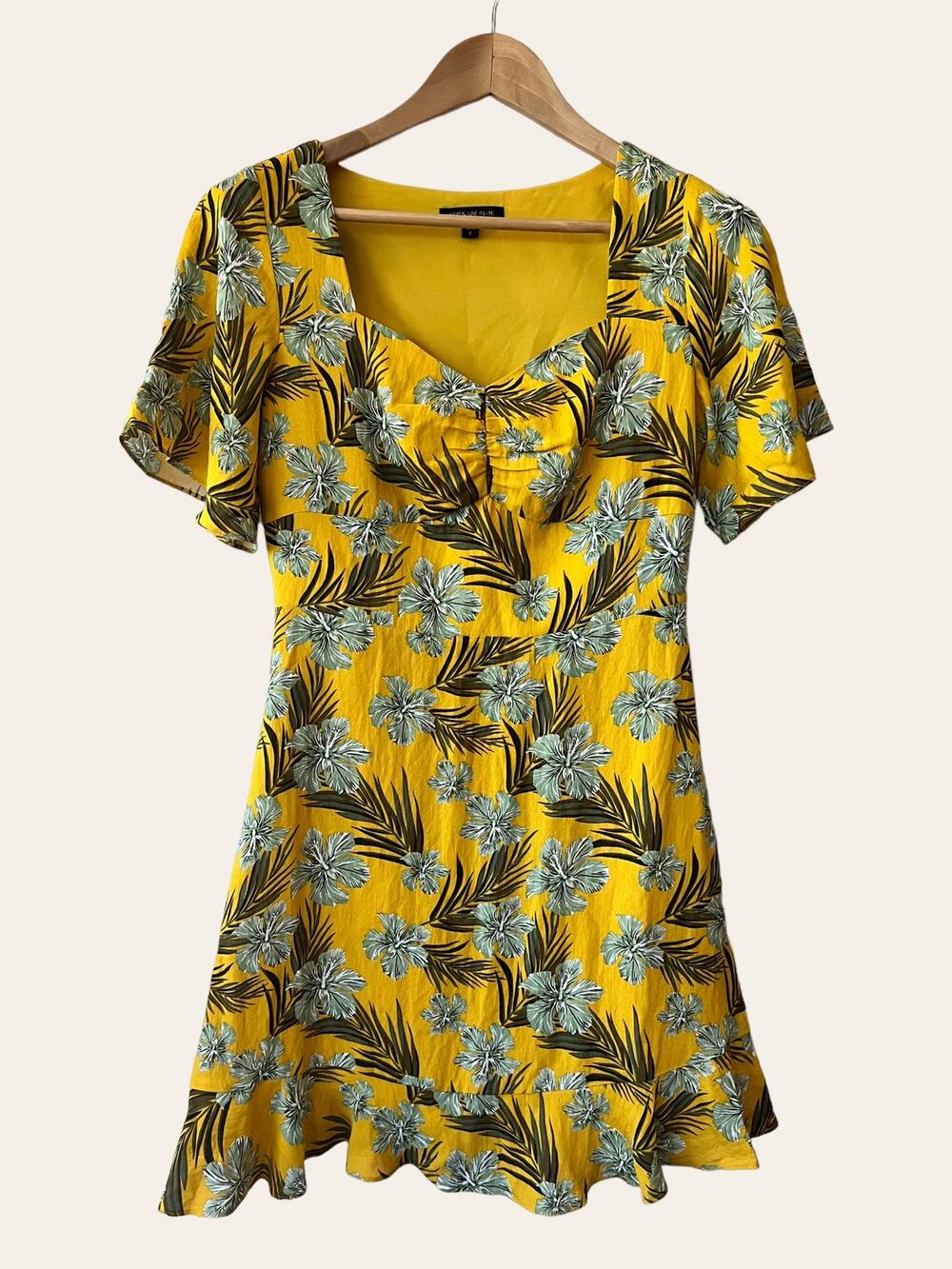 Skies Are Blue Yellow Tropical Floral Print A-Line Flutter Mini Dress Size Small